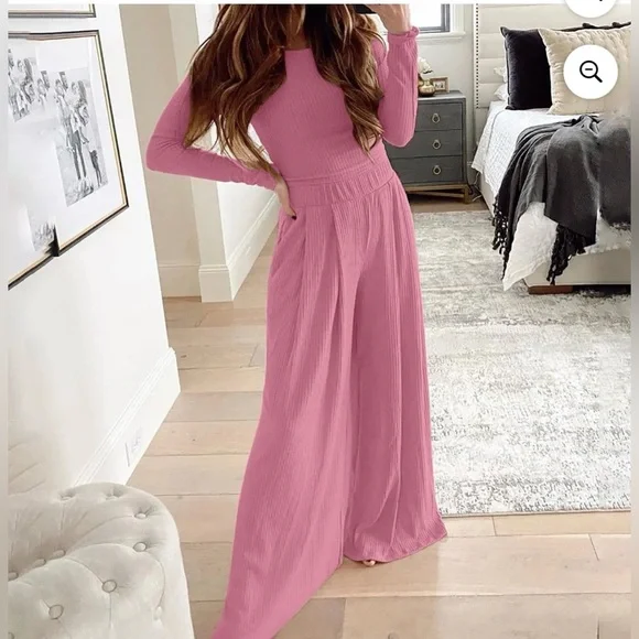 Pink set Women's crop top and Wide-Leg Pants - Picture 5 of 7